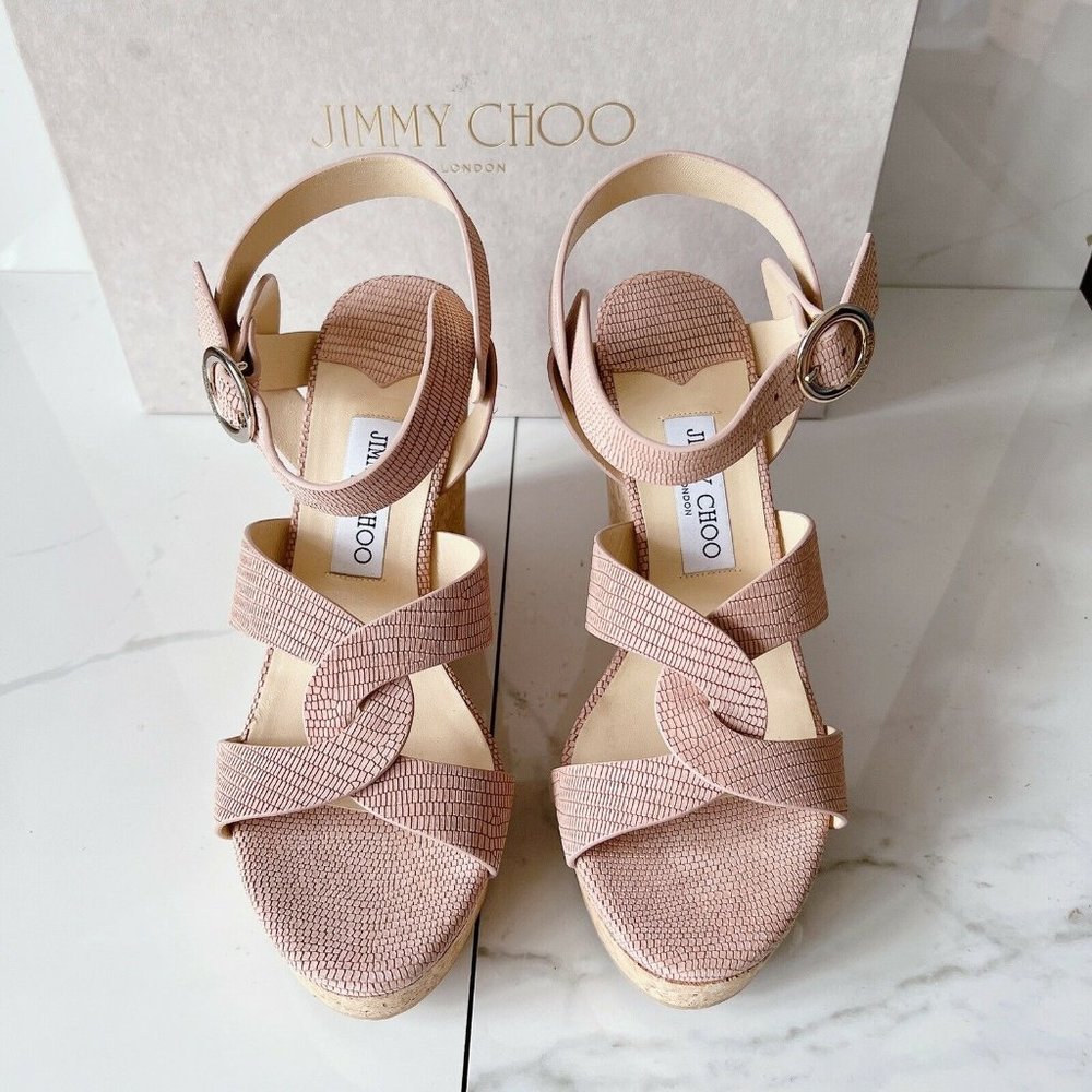 NIB Jimmy Choo Aleili 100 Leather Platform Wedge Sandals Blush Size US 10 EU 40 - Picture 6 of 12